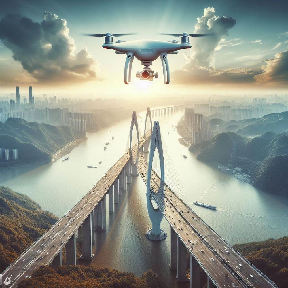dron sobrevolando un puente y realizando vigilancia aérea