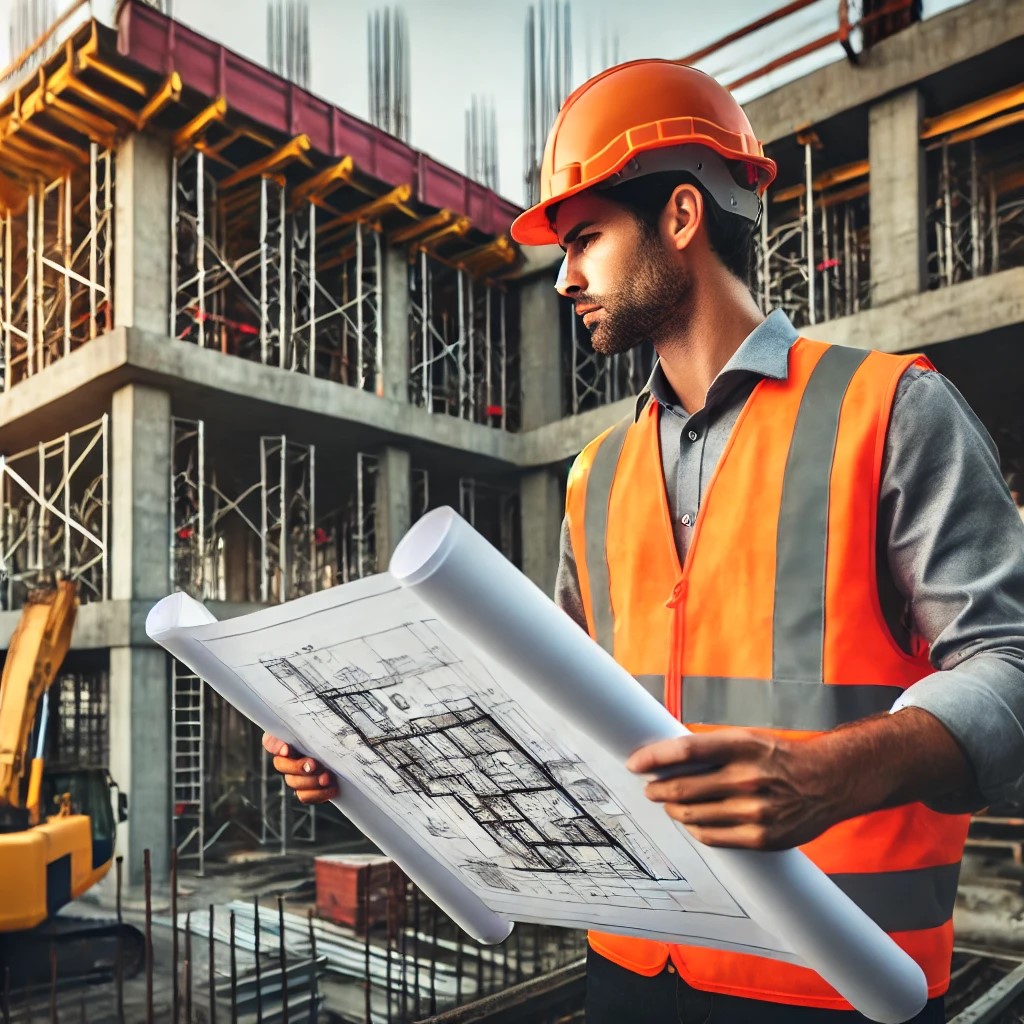 ingeniero consultando planos en construcción