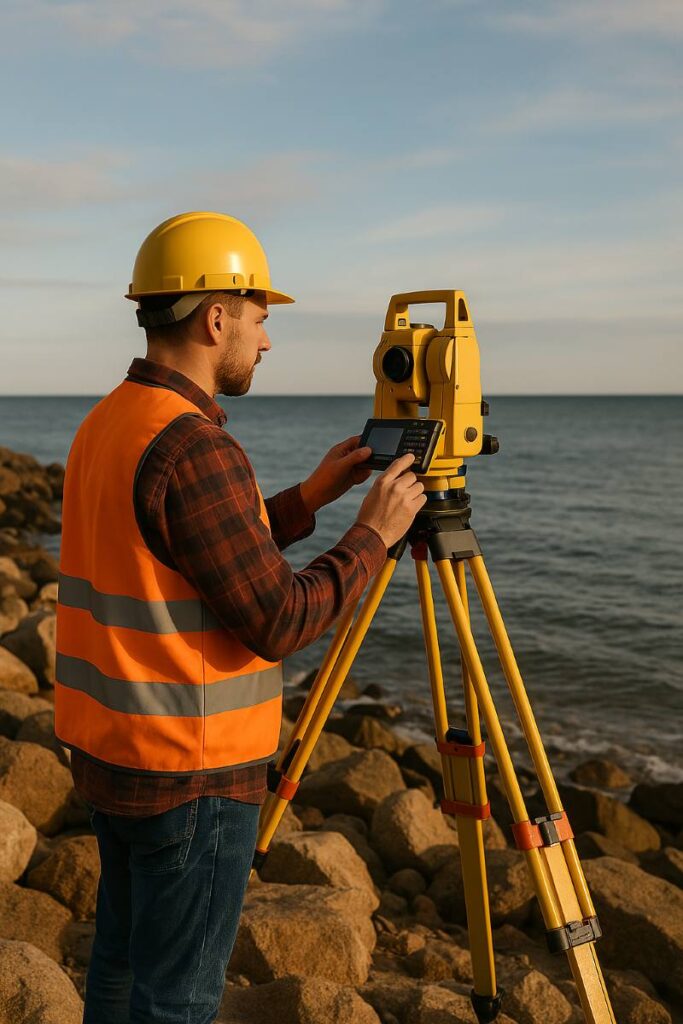 topografo de acero estudio realizando estudio en una playa